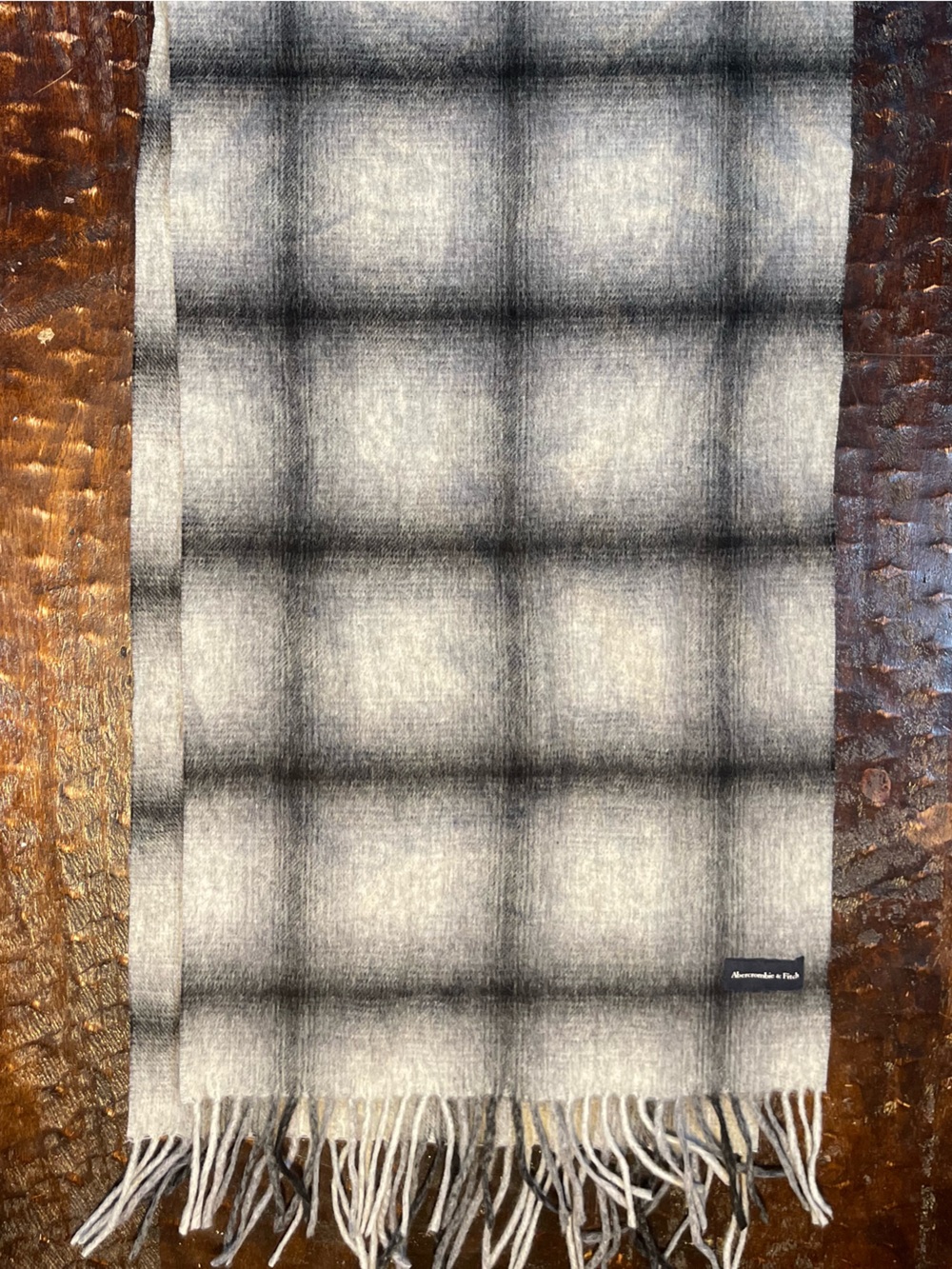 Abercrombie & Fitch Gray and Black Windowpane Fringe Scarf